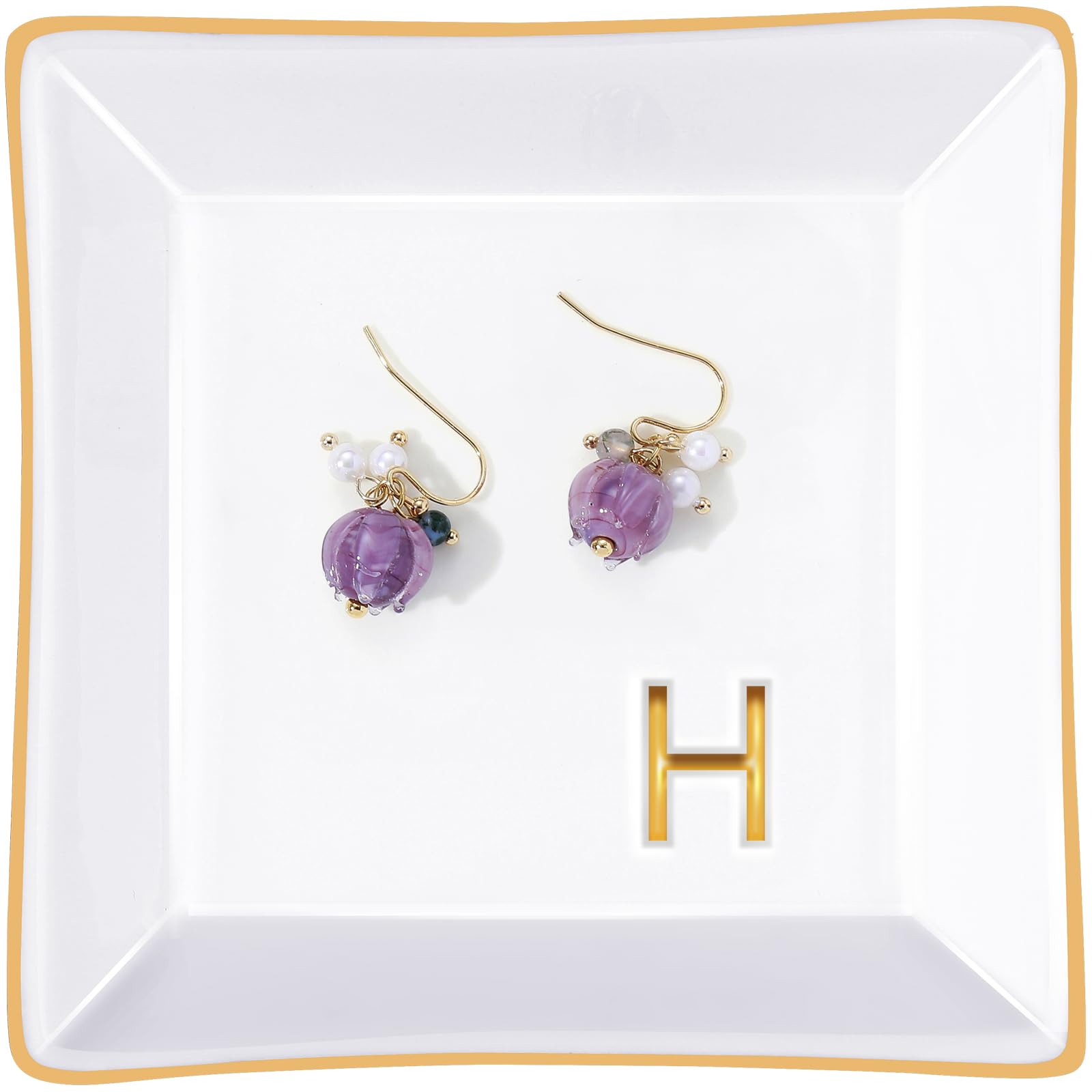 PUDDING CABIN Initial Ring Holder Jewelry Tray, Wedding Gifts for Bride, Bridesmaid, Personalized H Monogrammed Gifts for Women, Birthday Christmas Gifts for Women Mom, Friends, Sisters