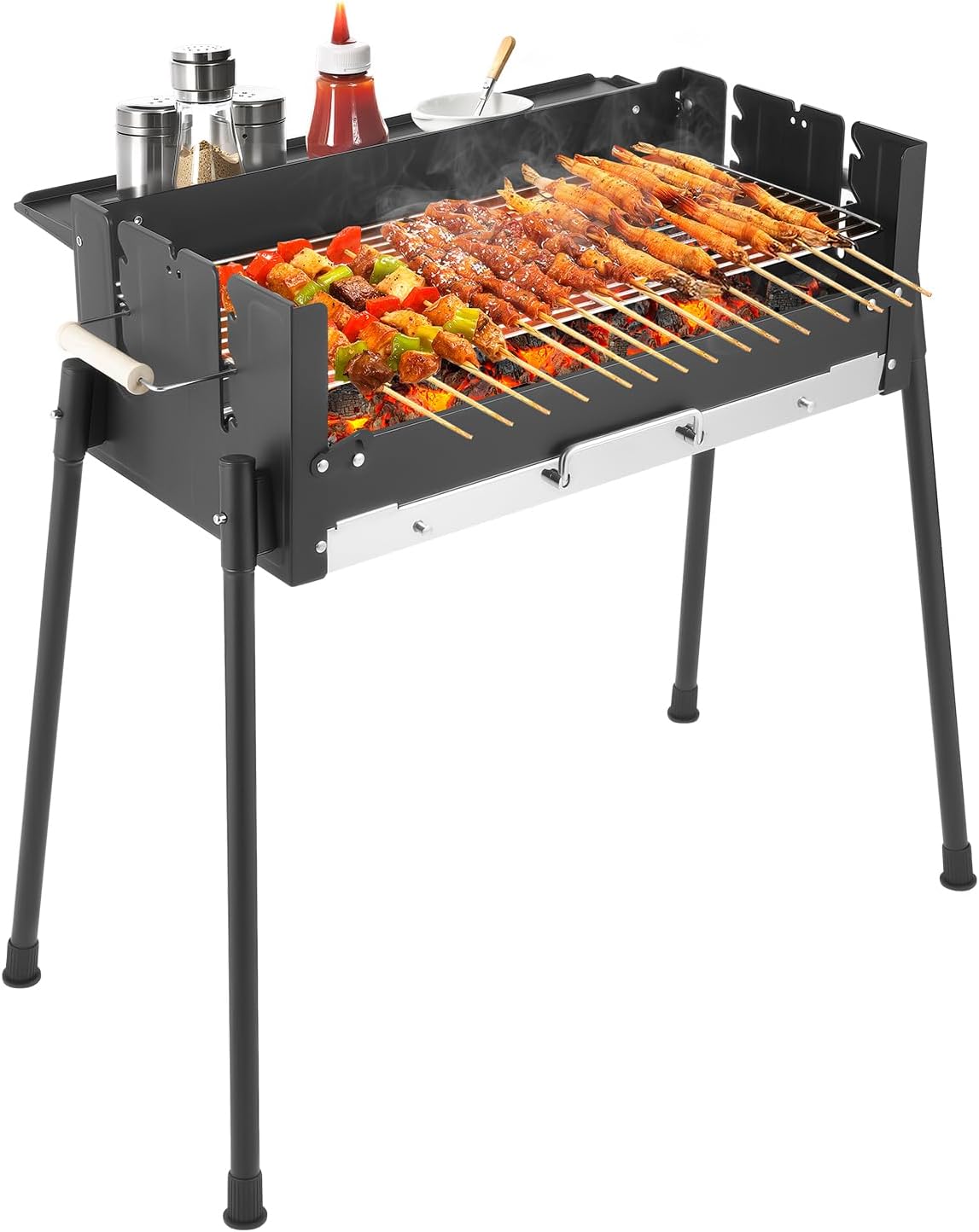 Portable Charcoal Grill with Adjustable Height, Foldable Outdoor BBQ Grill for Camping Tailgating Backyard, Large 25.79 Inch Heavy Duty Barbecue Grill with Side Shelf for 3-8 People