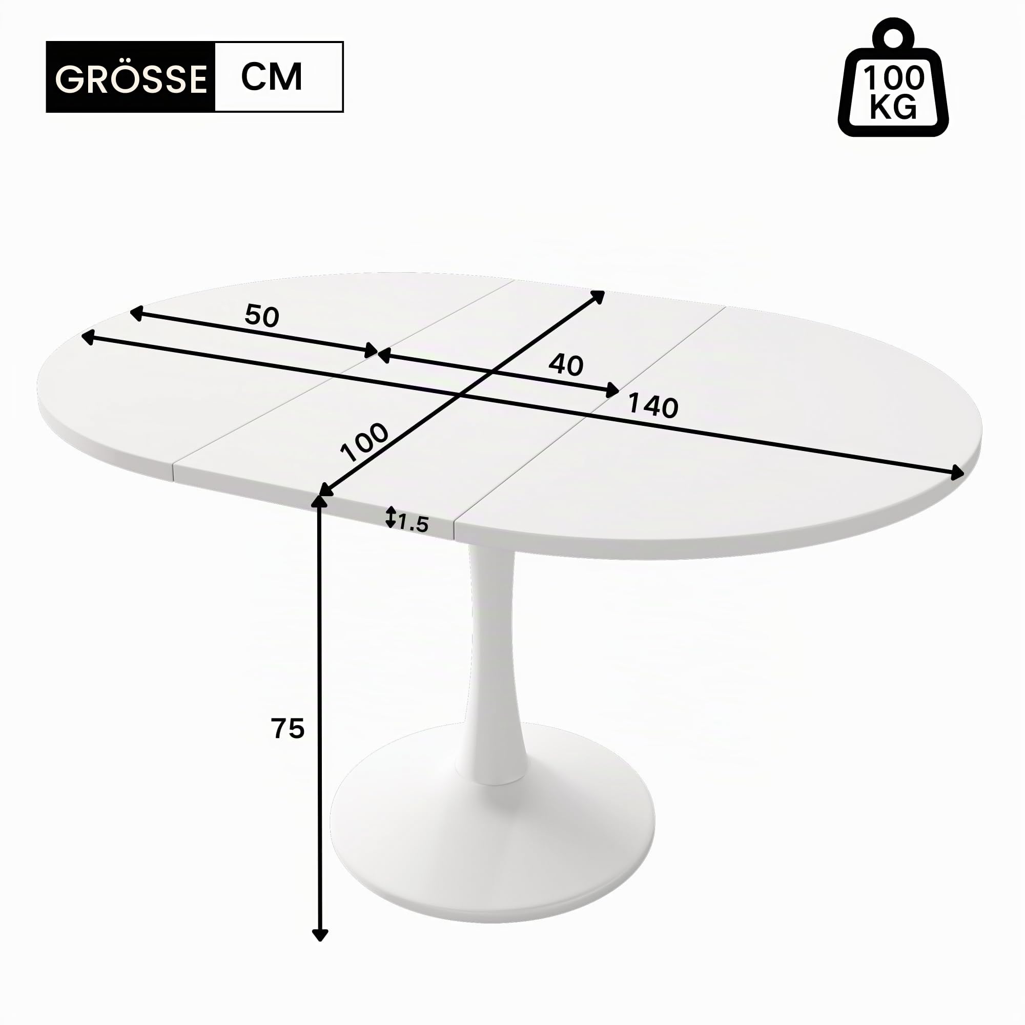 Weiß Esstisch Ausziehbar, 100-140cm Ovaler/Runder Esstisch für 2-8 Personen, Holztisch Moderner Wohnzimmertisch und Küchentisch Esszimmertisch Runder Tisch (A, Weiß)
