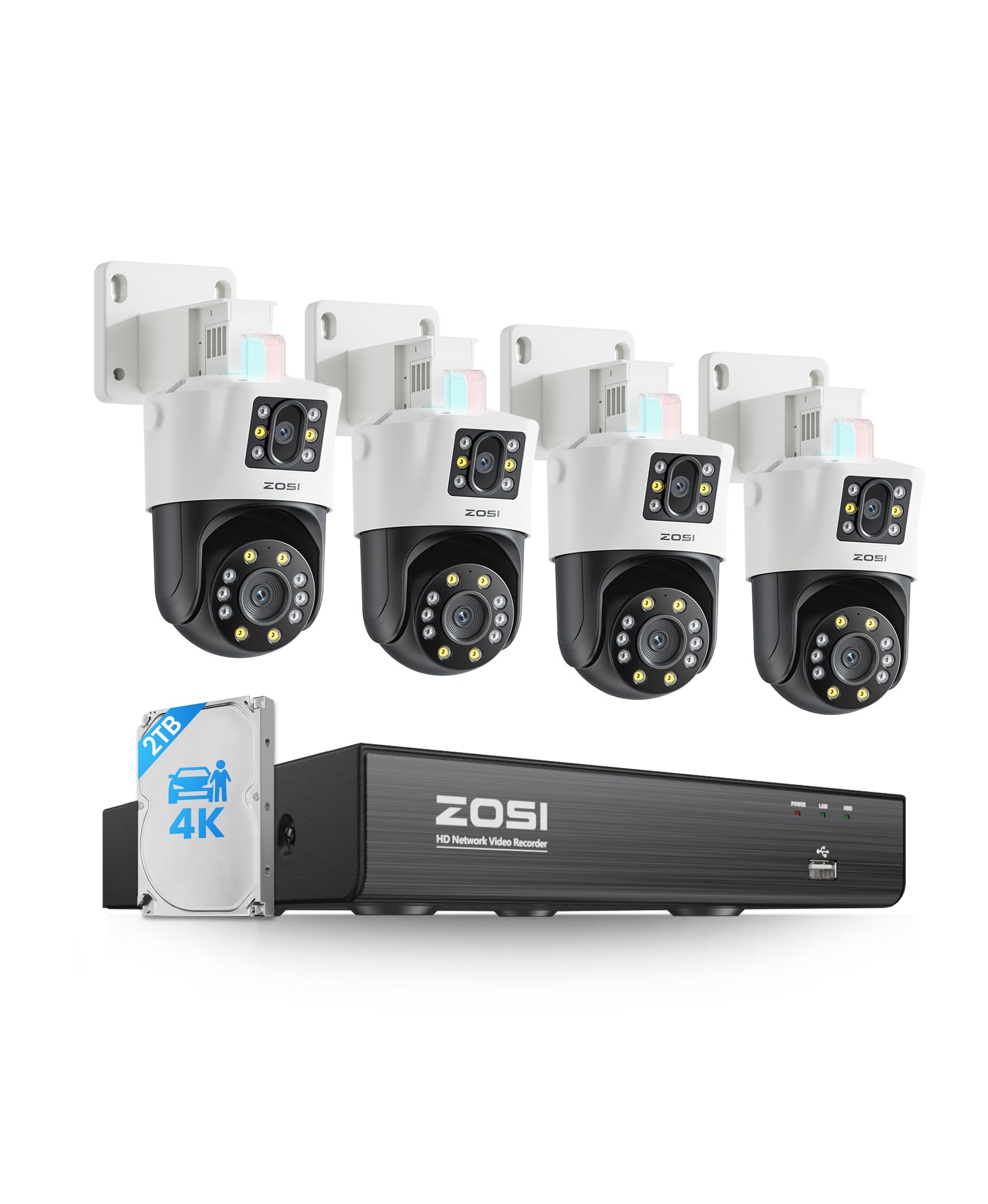 ZOSI 4K Dual-Lens PoE Security Camera System, 4 x 4K 8MP Pan/Tilt (2x4MP) PoE 360 Camera Outdoor, Person/Vehicle Detect, Spotlight Siren, Color Night Vision, 8CH 8MP NVR with 2TB HDD (16CH Expandable)