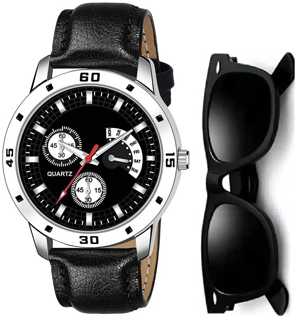 SELLORIA Brand - A Black Leather Belt Round DIAL Analog Quartz Watch for Men with Black Sunglass Analog Watch - for Boys (B09DPYC3VK) Amazon Price History, Amazon Price Tracker