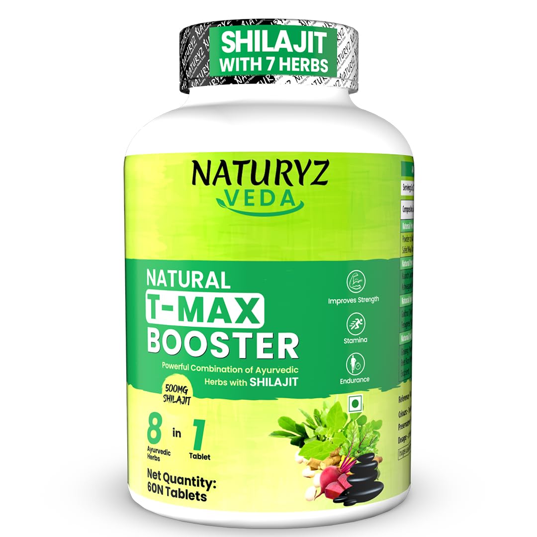 Naturyz VEDA Natural T-MAX Booster with 8 Ayurvedic Herbs | Highest Strength Shilajit | Safed Musli | Kaunch | Ashwagandha | Gokshura | Ginseng | High absorption | Original Shilajeet Improves Strength, Stamina, Endurance, Energy & Muscle Mass for Men & Women - 60 Tablets
