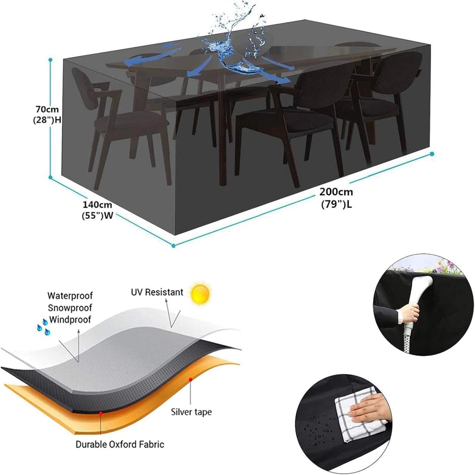 Housse De Protection 420D Pour Salon De Jardin - 113x113x70cm, Imperméable Anti-UV, Double Fixation