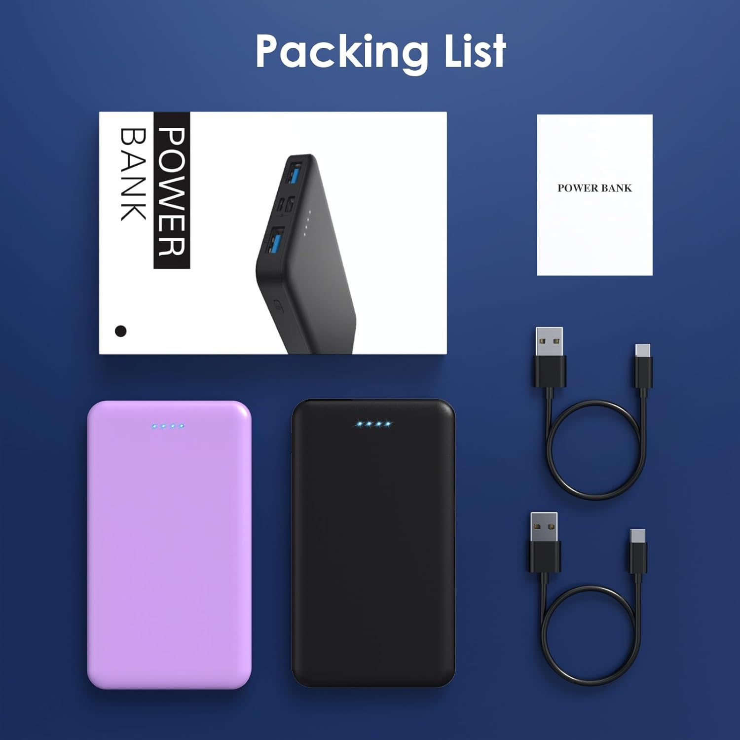 Contents of the AONIMI power bank package, including two power banks, two micro USB cables, and a user manual.