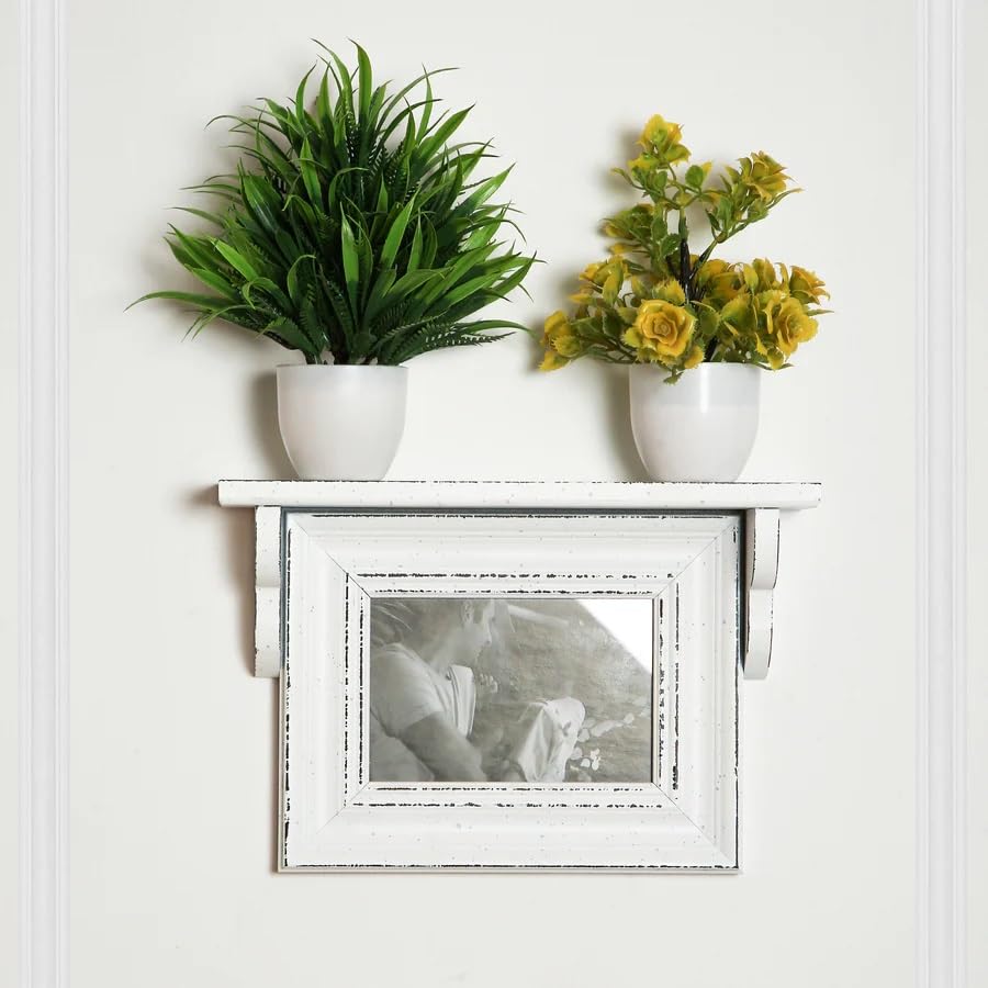 Image of Photoframe with wooden shelf for Home Office Bedroom Decor - White