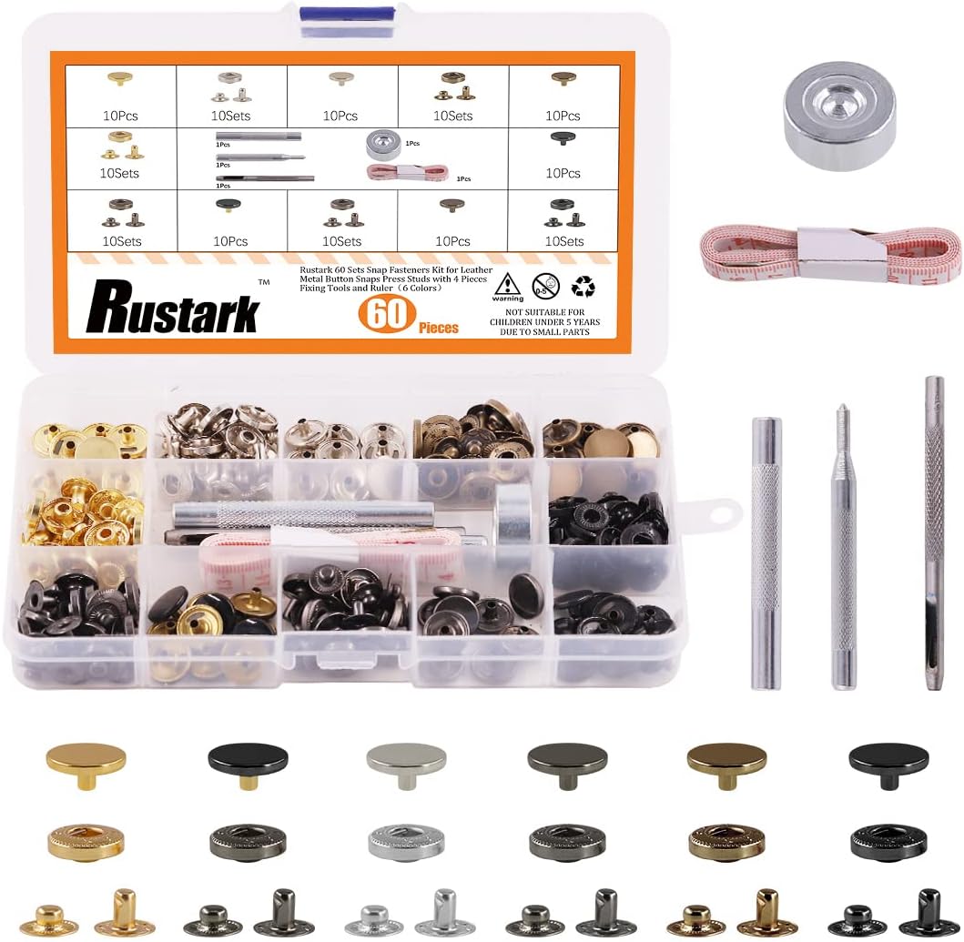 Rustark 60 Sets Snap Fasteners Kit for Leather Metal Button Snaps Press Studs with 4 Pieces Fixing Tools and Ruler Snap Rivet Fasteners for Clothing Coat Bracelet Jacket and Crafting (6 Colors)