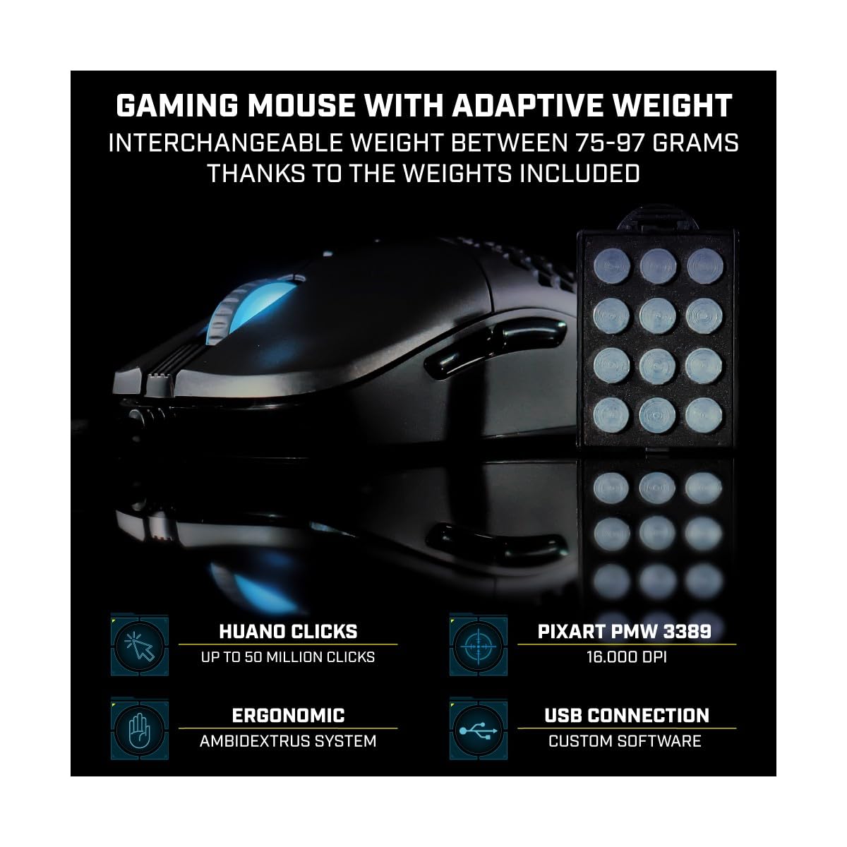 Mouse da gioco professionale Newskill Arakne Tournament, cablato, RGB personalizzabile, sensore ottico, 16000 DPI regolabili, 9 pulsanti programmabili, peso personalizzabile, nero