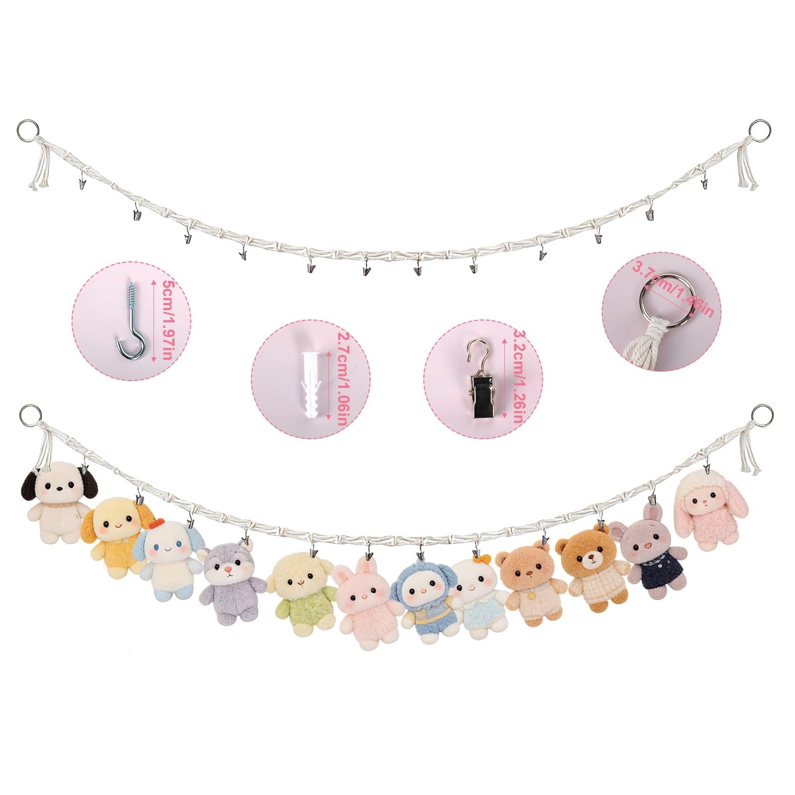 Soft Toy Storage Chain 2 Pcs with 40 Detachable Clips and 4 Hooks Boho Stuffed Animal Organizer Chain Plush 2m Toy Mesh Organizers Suitable For Storing Plush Teddy Storage Toys Hats Photo Socks