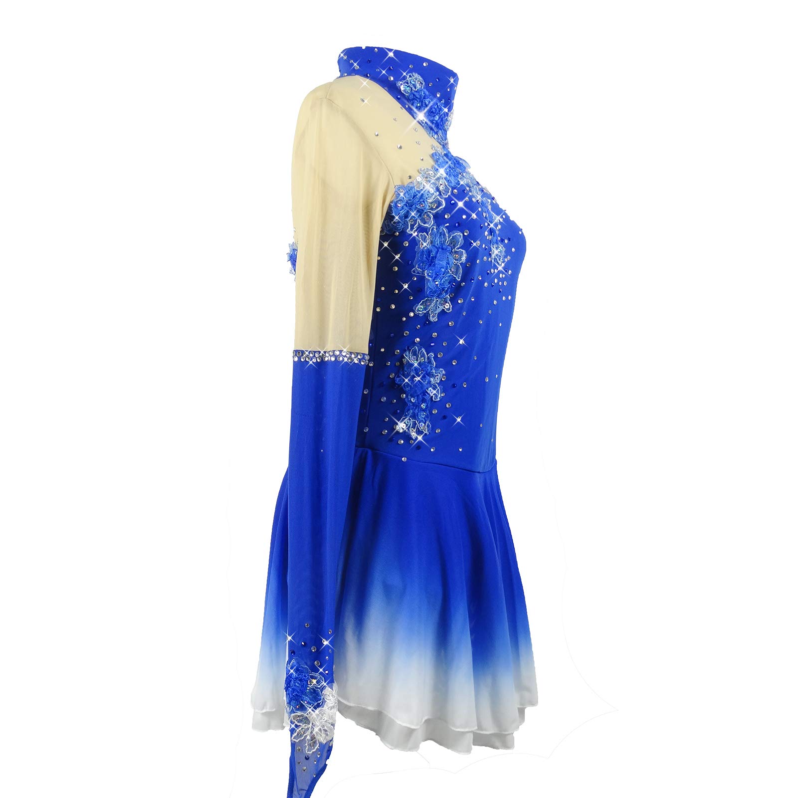LIUHUO Robe Bleue de Patinage Artistique,Jupe de Patinage à Manches Longues sur Glace,Robes de compétition Spandex Manches Doigts Jupe en Maille