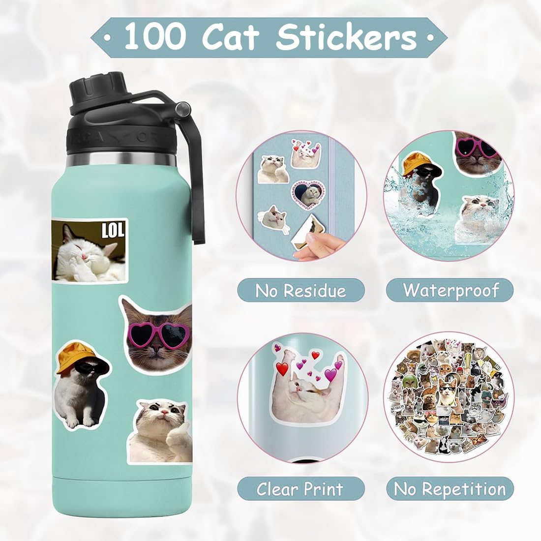 100 adesivi di meme di gatti, impermeabili e resistenti al sole, stampa ad alta definizione, stickers, stiker