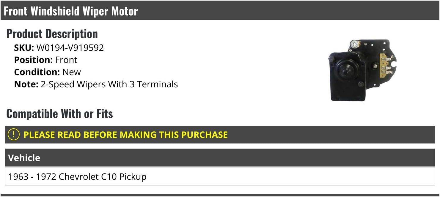 Marketplace Auto Parts Front Windshield Wiper Motor - 2-Speed Wipers with 3 Terminals - Compatible with 1963-1972 Chevy C10 Pickup