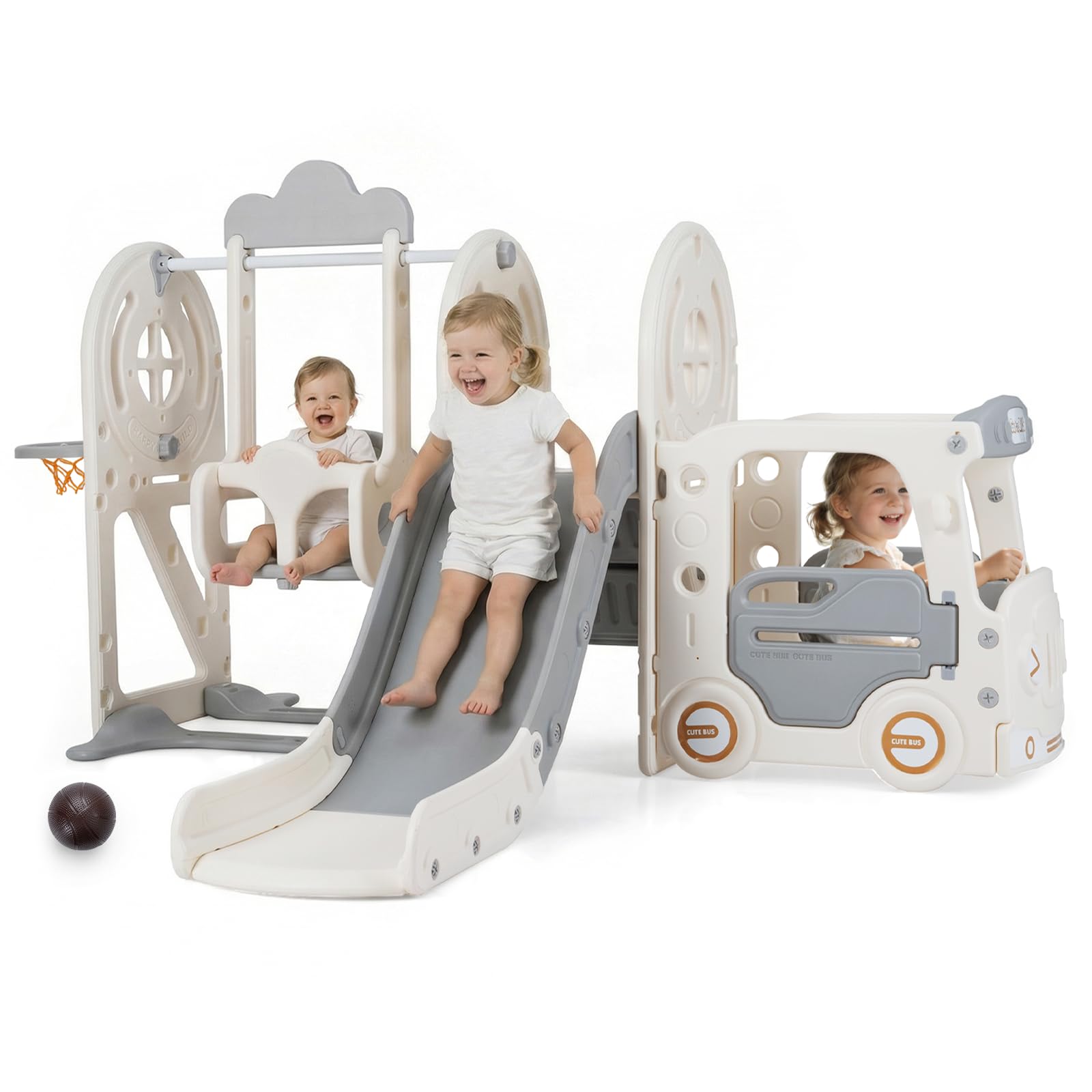 OLAKIDS Toddler Slide and Swing Set, 5 in 1 Bus Themed Baby Slide with Climber Basketball Hoop Car Playhouse for Indoor Outdoor Boys Girls Aged 3+ (Grey)