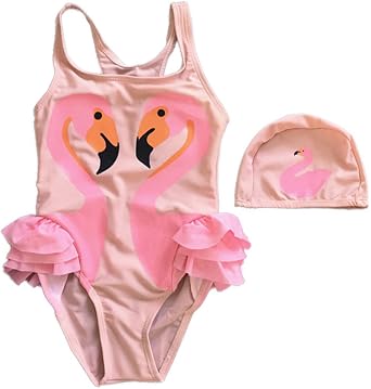 Baby Kids Girls One Pieces Swimwear Swan Flamingo Cartoon Swimsuit Bating Suits with Caps