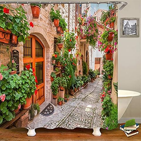 MMHJFANG Flower Shower Curtain Garden Decoration Italy Town Flower Street Bath Curtain Waterproof Easy Intalla (Mult 4, 71x71 Inch) Cover