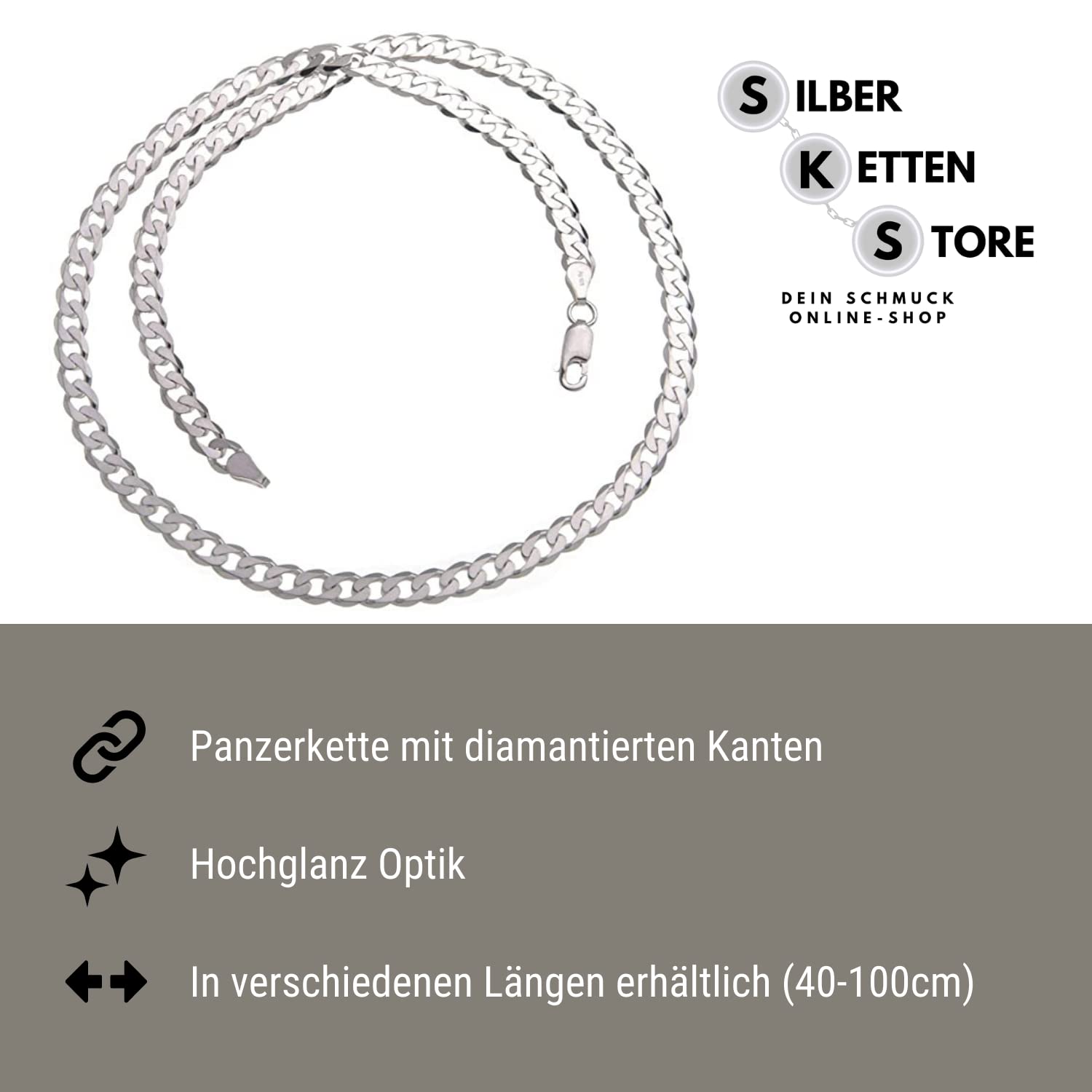 Silberketten-Store Łańcuszek o splocie pancerka, srebro próby 925, męski, 5 mm, wysoki połysk, grubość 1,2 mm, łańcuszek męski z zapięciem na karabińczyk, srebro wysokiej próby, bez kamienia
