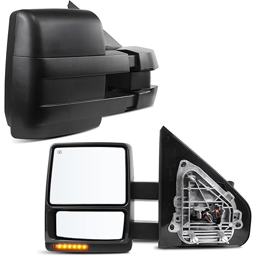 Drive & Paasenger Towing Mirrors - Compatible with 2007-2014 Ford F150 - Power Adjustable Heated Turn Signal Puddle Lamp Side View Mirrors with Lower Spotter Mirror - Black Texture