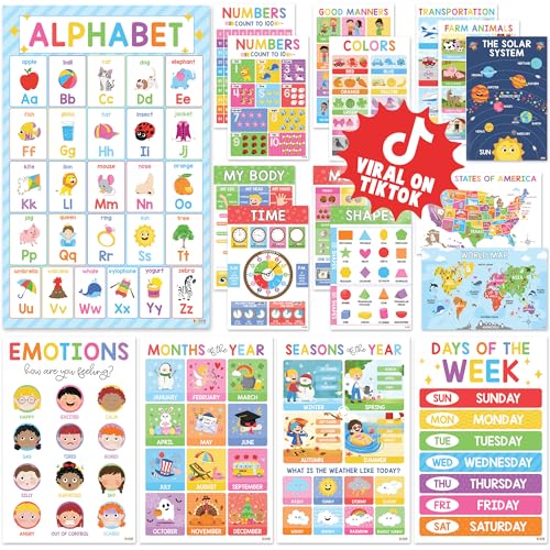 Image of BEAWART 18 Laminated Educational Posters For Toddlers, Preschool Posters for Classroom, Kindergarten Wall Decor, PreK Learning Materials Alphabet Number Chart