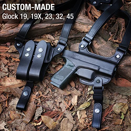 Handmade Glock 19 Shoulder Holster, Thumb Break Full Grain Leather Shoulder Holster For Glock 19, 19X, 23, 32, 45, Double Mag Holder Included, Adjustable Strap For Concealed Carry, Right Handed #TOP2