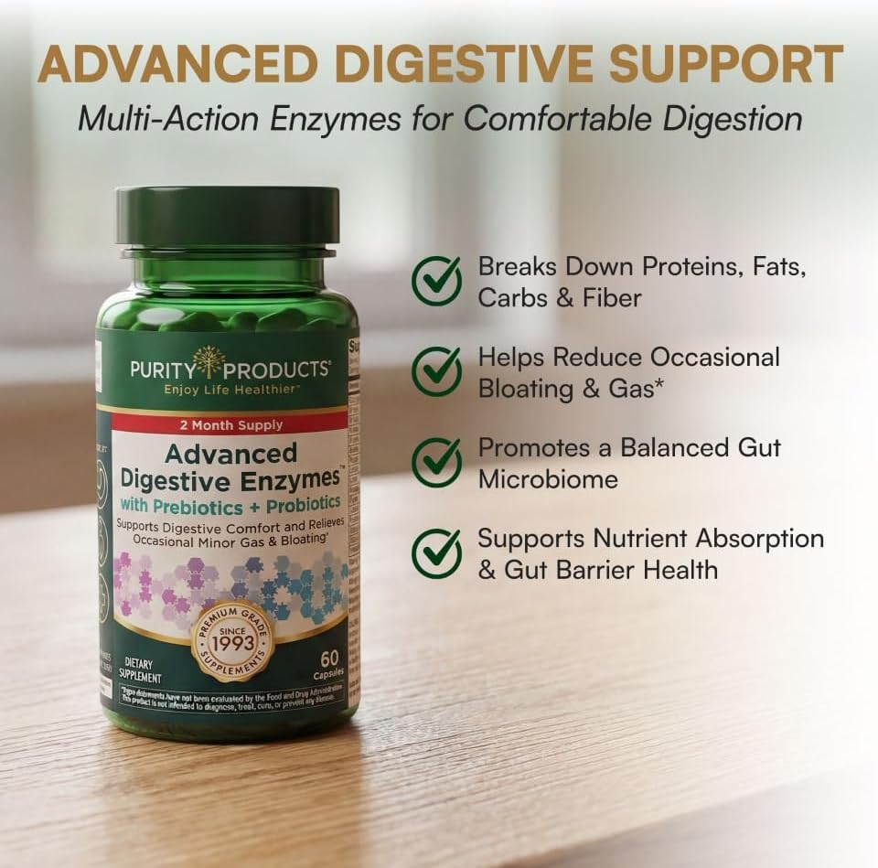 Miniatura 3 de Purity Products Enzimas digestivas avanzadas con probióticos y prebióticos  Suplemento de salud digestiva para hinchazón, alivio de gases y apoyo