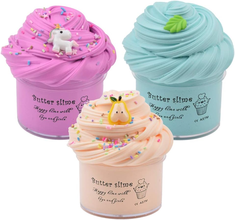Super Soft Slime,3 Pack Butter Slime Kit with Unicorn Slime, Mint Leaf Slime and Pear Slimes, Non-Sticky DIY Sludge Toy Slime for Girls and Boys, Kids Party Favors Slime Birthday Gifts