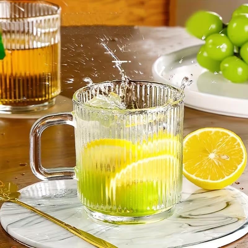 Image of PrimeWorld Elegant Crystal Clear Coffee Mug Set of 2 - 350 ml | Vertical Stripes Glass Tea & Latte Cups | Clear Glass Mugs for Milk, Coffee, Hot Chocolate & Iced Tea
