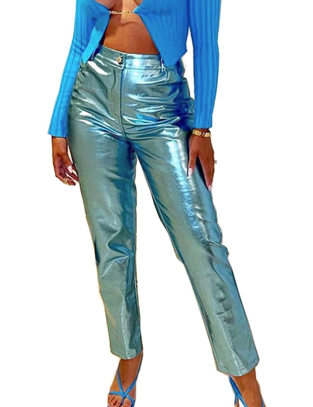 CresayWomen's Faux Leather Metallic High Waist Pants Straight Wide Leg Pants Punk Trousers