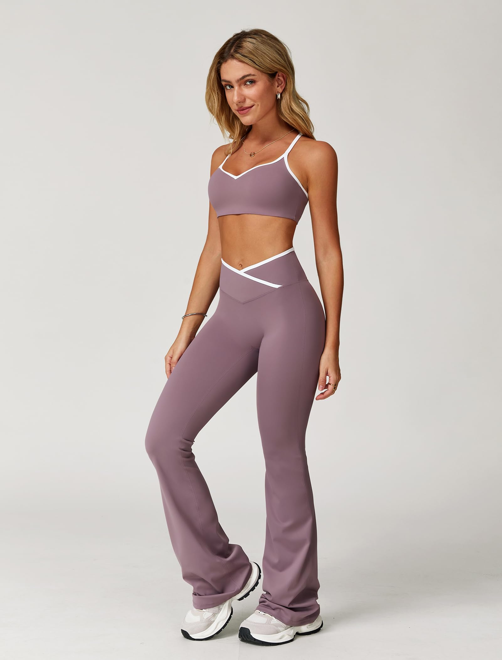 IDOPIP Sport-Set Zweiteiler Damen für Fitness: Kontrastfarbe Rückenfrei Gym Set mit Kompression gepolstertem BH und Crossover Po-Lifting Leggings Schlaghose - Yoga Outfit für Pilates Workout