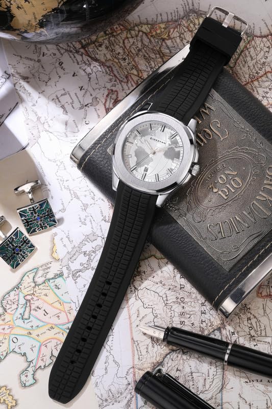 Image of Giordano Stylish World Map Design Analog Watch for Men with Silver Case Round Dial, Textured Silicone Strap, Water Resistant and Date Display Function - GZ-50147