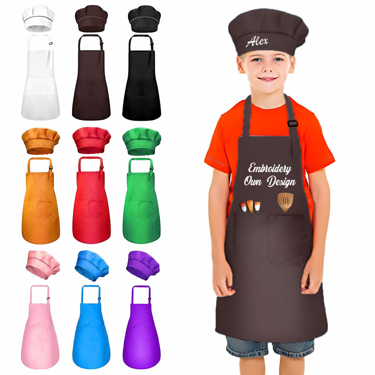 Colifolu Personalised Kids Apron with Embroidered Name,Customisable Cooking Baking Role Play Chef Hat for Children & Adults (Coffee)