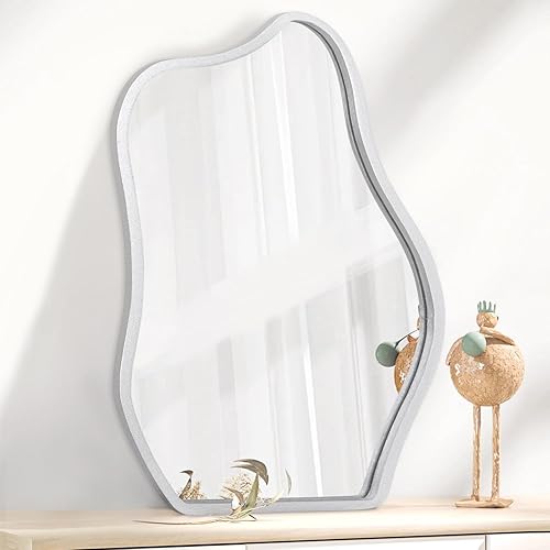 Miniatura 8 de Espejo de pared asimétrico con marco de madera, espejo colgante moderno irregular para pared para tocador, sala de estar, dormitorio, baño, entrada,