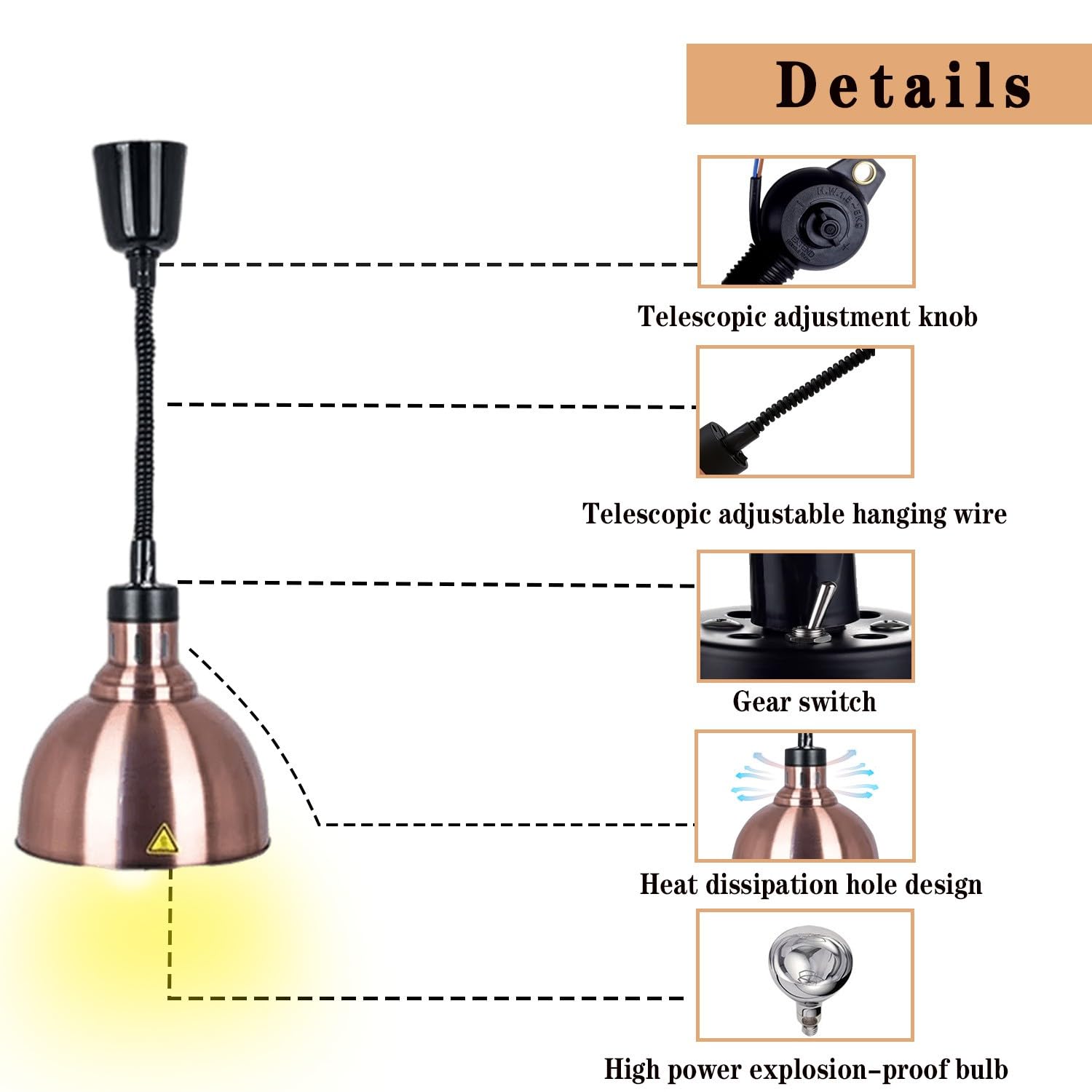 Lampada Riscaldante per Alimenti, Sospesa Lampade Scaldavivande Cucina Regolabile in Altezza, 250W Lampade Riscaldanti per Cucina a Buffet per Ristoranti, Hotel(Rame Rosso, 4 Pezzi)