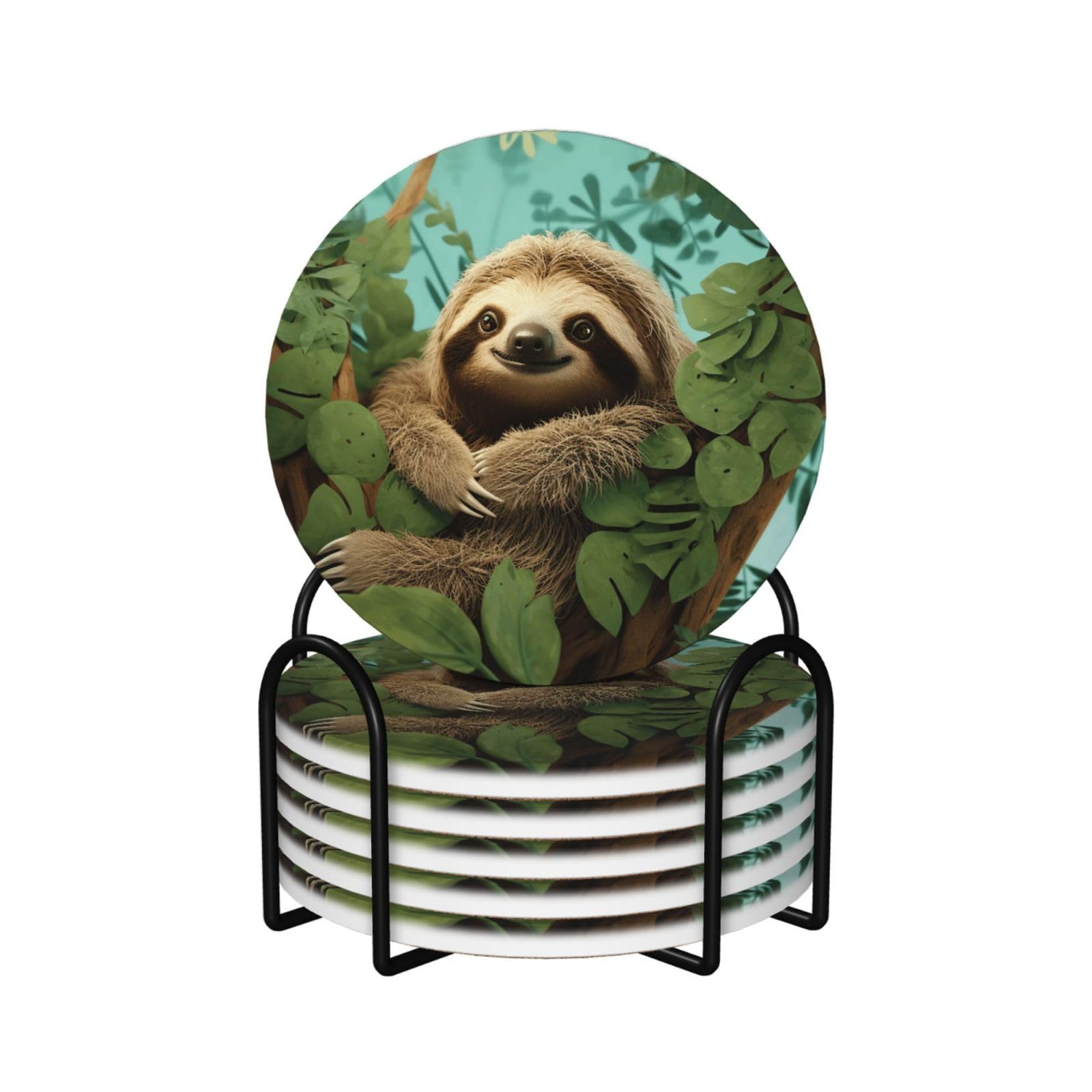 6Pcs Ceramics Coaster for Drinks, Hug Tree Sloth Cup Coasters with Holder, Aesthetic Drink Coasters for Coffee Table, Absorbent Round Coaster for Tabletop Protection 4" Cup Mat Pad