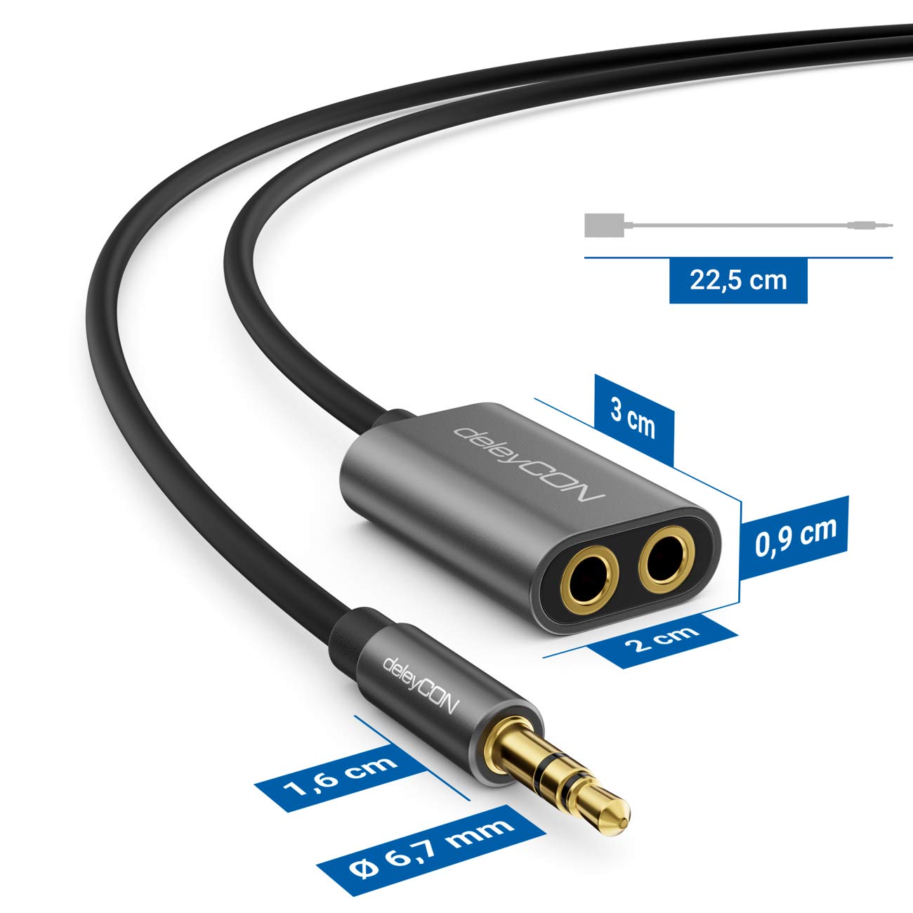 deleyCON 1x 3,5mm jack splitter audio stereo AUX adapter kabel kabel jack kabel audio metalowa wtyczka telefon komórkowy smartfon tablet słuchawki odbiornik HiFi