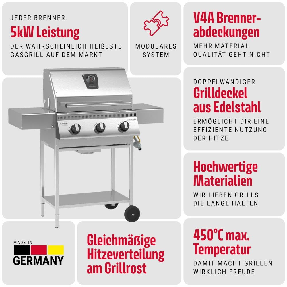 Schickling Gasgrill "Henry L - Classic" Premium BBQ Grillwagen komplett aus Edelstahl mit 3 Brennern & Doppelwandigem Deckel – Made in Germany: 3-teiliger Grillrost | Grillfläche: 55 x 33 cm