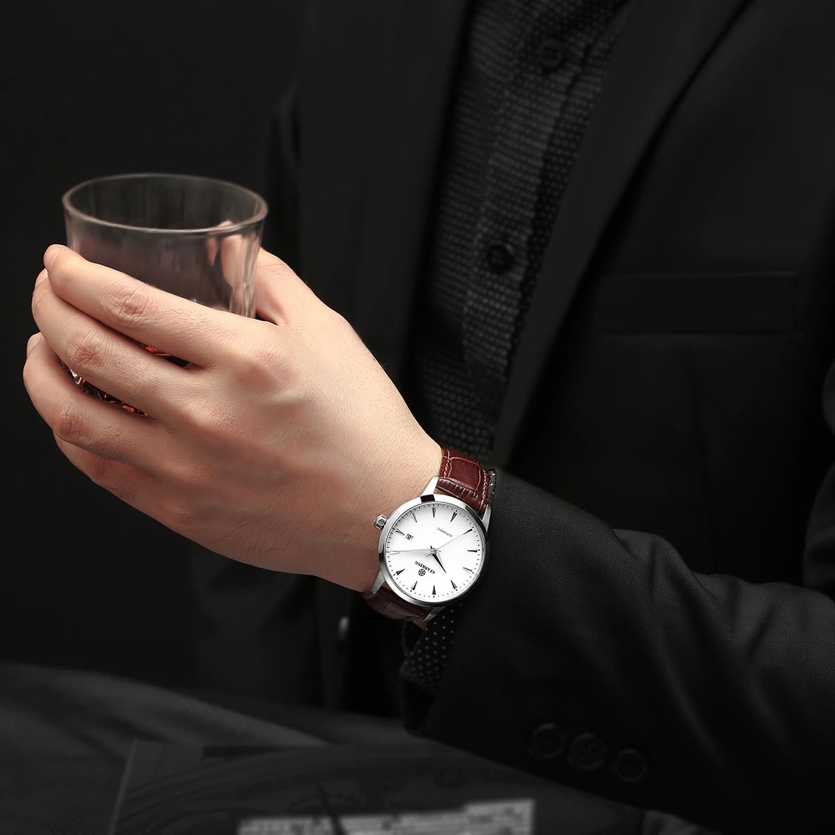 STARKING AM0184 Automatic Watch of Dress Watches, Skeleton Case Back, Fashion Business Watches for Mens, 5ATM Waterproof, Leather Watch, Auto Date, Brown — view 6