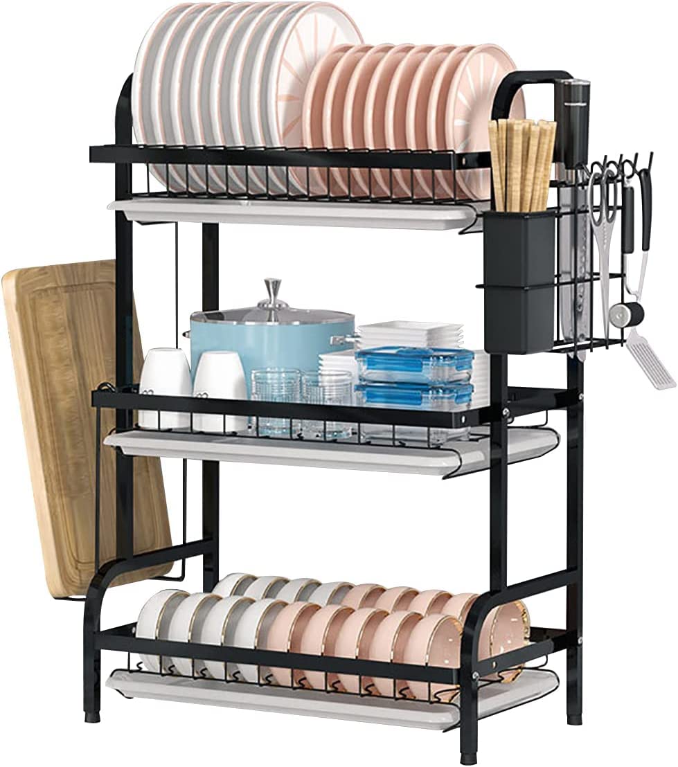 MyMobility 3-Tier Dish Drying Rack with Adjustable Drainboard Set, Utensil Holder and Cutting Board Holder - Space Saving Compact Dish Drainer for Kitchen Counter (Black)