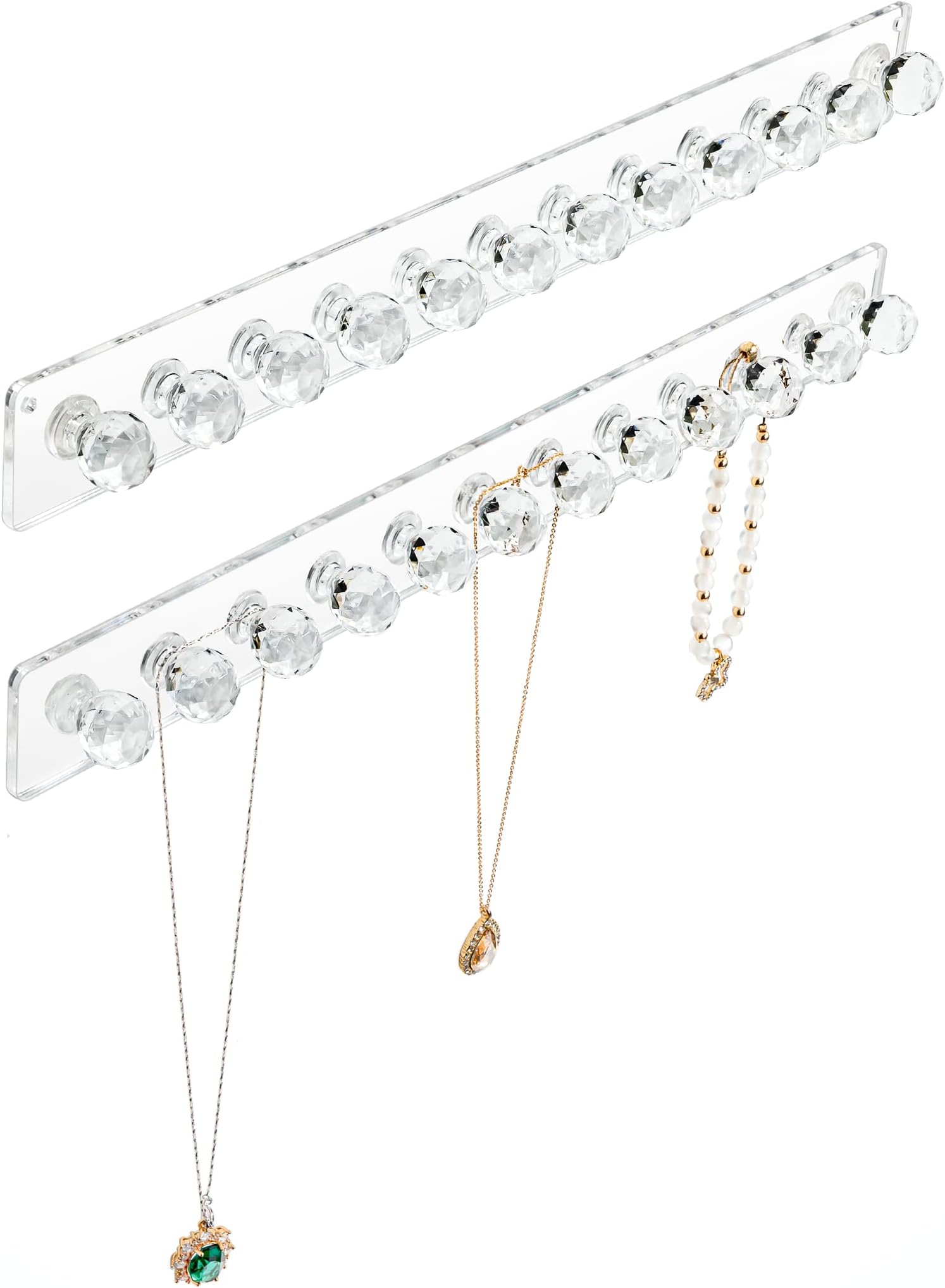 Heesch Necklace Holder, Acrylic Necklace Hanger, Wall Mount Necklace Organizer, Jewelry Hooks for Necklaces, Bracelets, Chains (2-pack Clear)