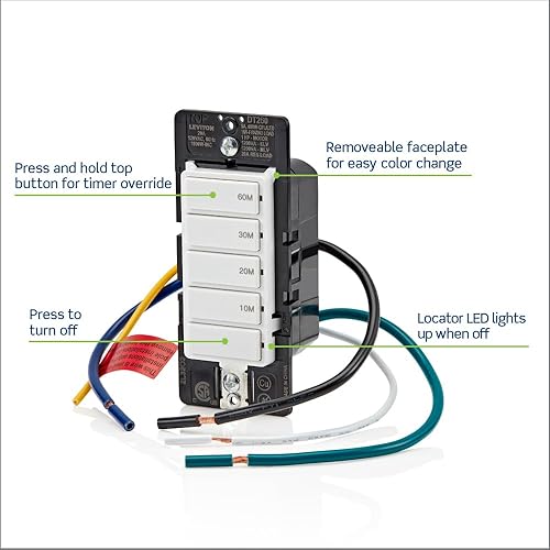 Miniatura 2 de Leviton Interruptor de cuenta regresiva DT260-1LW para luces de baño doméstico, 10-20-30-60 minutos, requiere cable neutro, 20A, ventilador de