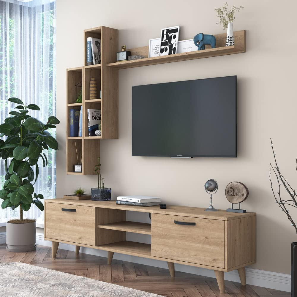 HC Home CanvasLush Tv Unit With Wall Shelf Tv Stand With Bookshelf Wall Mounted With Shelf Modern Leg 180 cm - Walnut