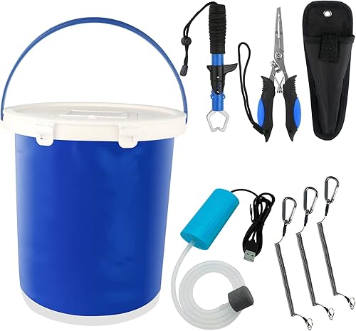 mouhike Cubo de cebo de pesca con aireador portátil de 53 galones contenedor de peces vivos alicates de pesca pinza de labios kit de herramientas de