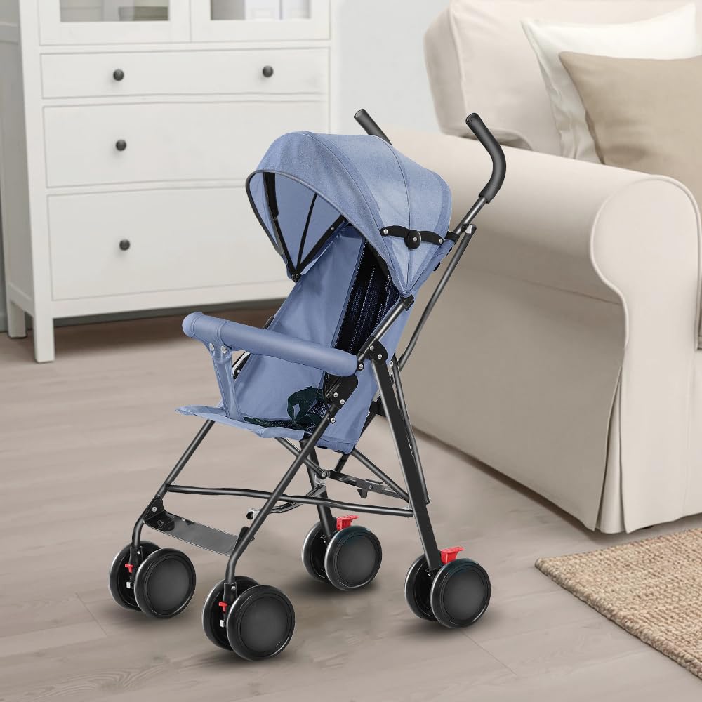 Poussette Canne Compacte et Pliable avec Tapis Cool Poussette de Voyage Pliable Poussettes Compacte Bébé 6 Mois à 4 Ans, Jusqu'à 25 kg (Bleu)
