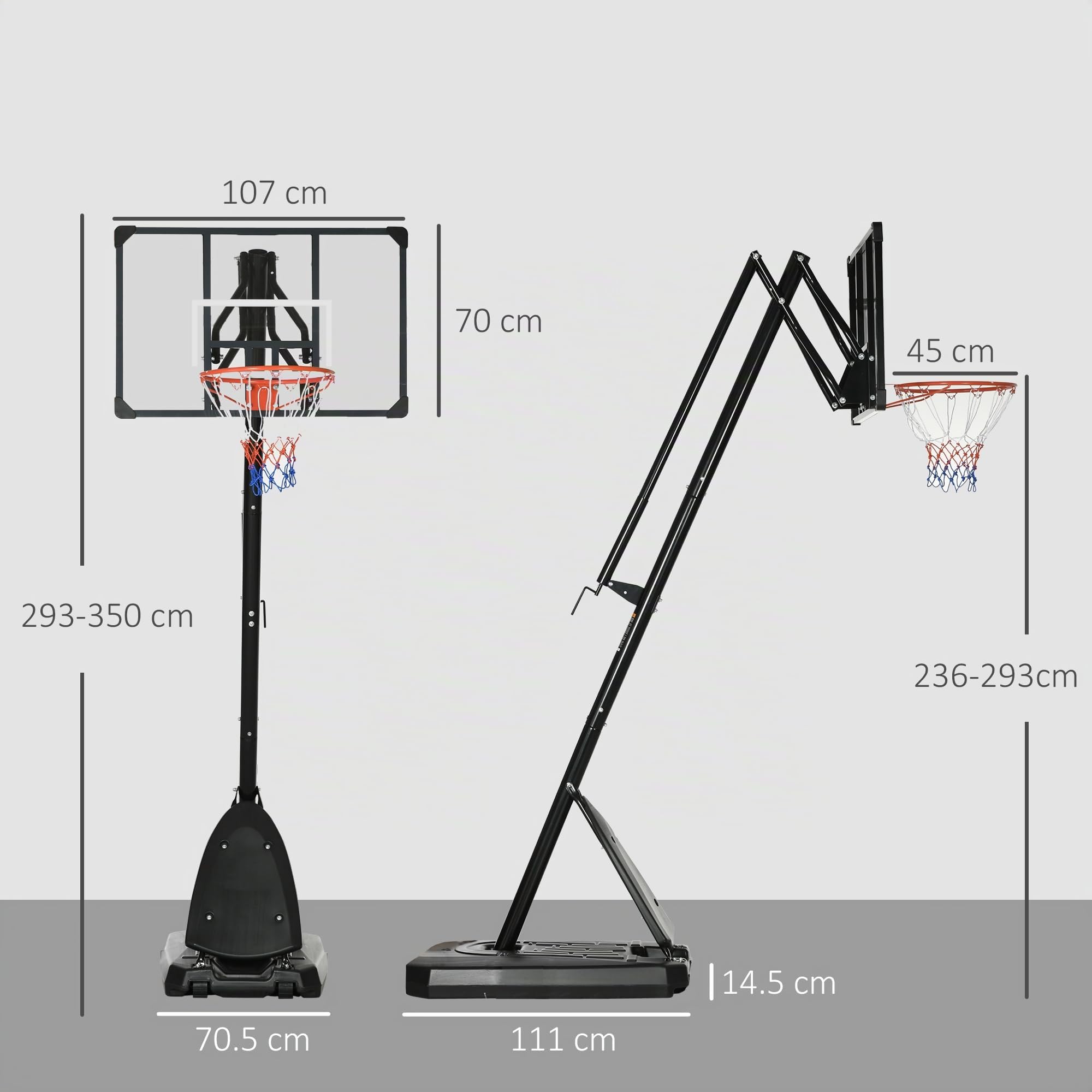 SPORTNOW Canasta de Baloncesto Exterior Altura Ajustable 236-293 cm Tablero PC Aro Ruedas Base Rellenable Negro