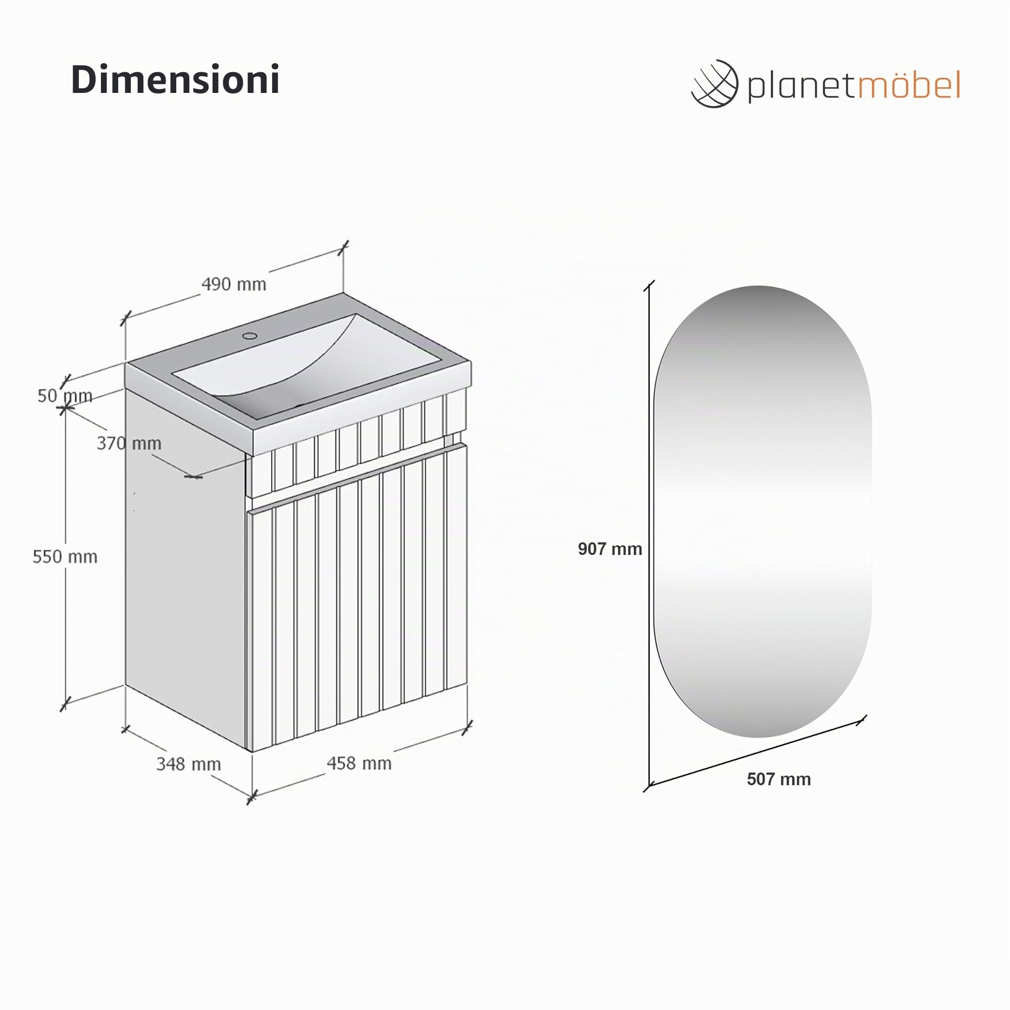Planetmöbel Cosmia - Set di mobili da bagno con mobiletto da 50 x 60 x 35 cm, colore: bianco, specchio da bagno con illuminazione da 50 cm, lavabo con porta