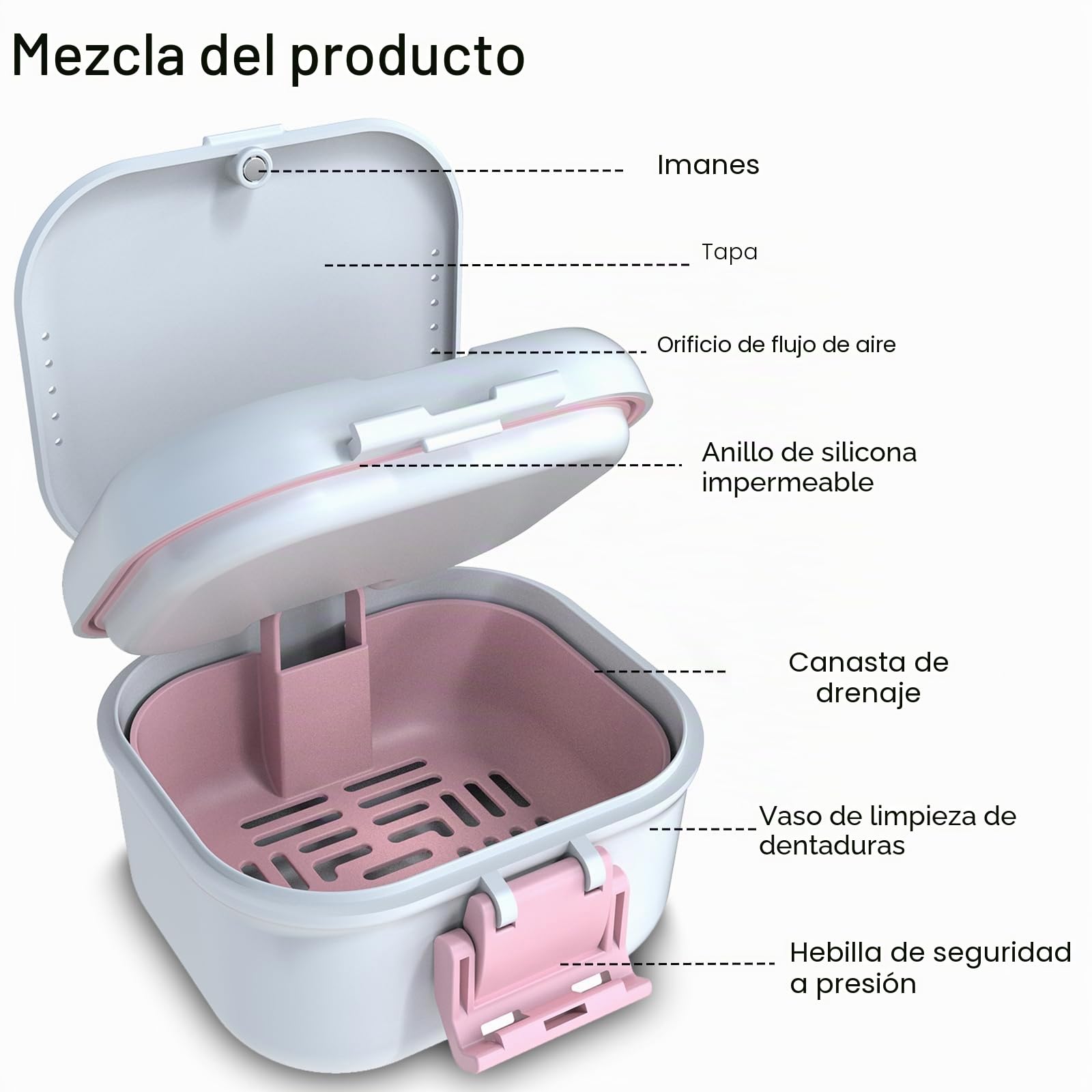 BVN Caja de prótesis con colador y protección contra fugas, caja de doble capa para retenedores, dentaduras y guías de mordida, caja de limpieza portátil y almacenamiento de viaje