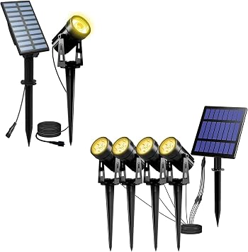 T-SUN Solar Spotlights Waterproof Auto Turn ON/Off Solar Lights with 1 & 4 Headlights for Garden, Yard, Driveway, Pool Area Warm White-3000K