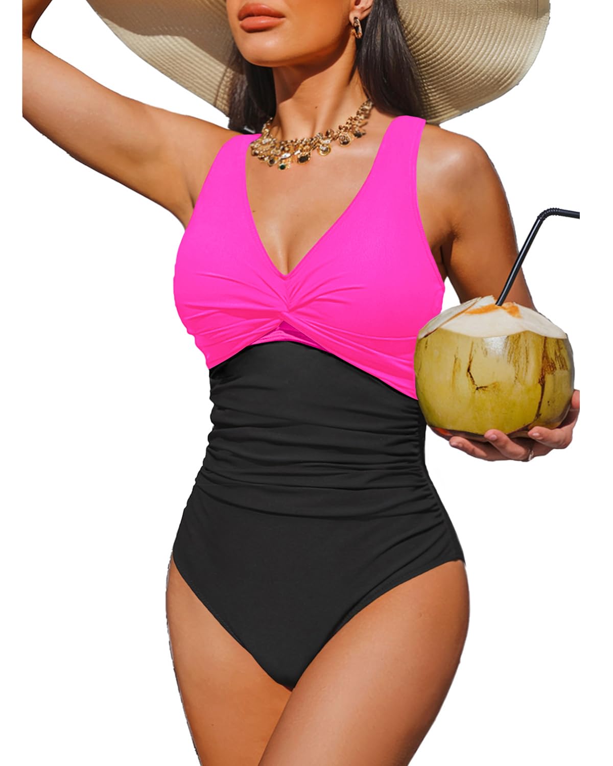 Holipick Women Tummy Control One Piece Swimsuit - Push Up Bathing Suit Full Coverage Slimming Swimwear, Hot Pink and Black, XL