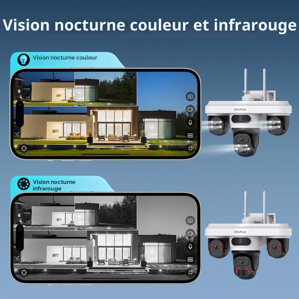 SHIWOJIA Caméra de sécurité solaire AOV 4G LTE 24h/24, 7j/7, 360° avec carte SIM, batterie sans fil CCTV avec détection de mouvement PTZ, sirène lumineuse instantanée alerte, étanchéité IP66