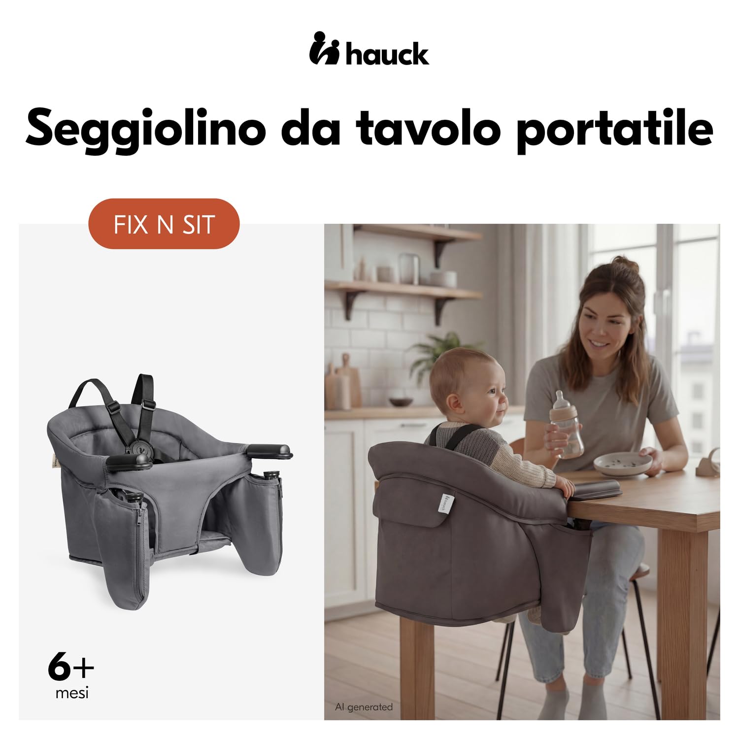hauck Fix N Sit, Grigio Scuro - Seggiolino da Tavolo Pieghevole e Portatile da 6 Mesi a 15 kg, Montaggio a Tavoli Stabili con Piani da 20 a 60 mm, Compattto per Casa e Viaggio, 37×42×8,5 cm