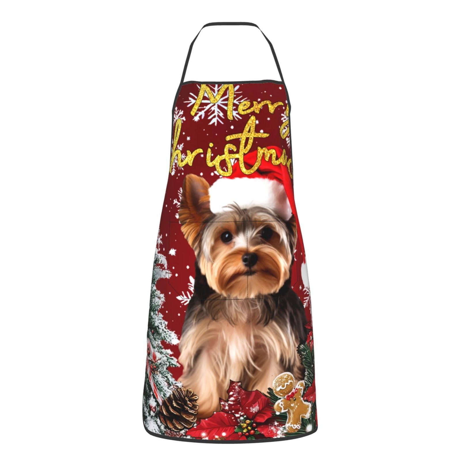 nopicsn Merry Christmas Yorkshire Terrier Yorkie Apron for cooking with Pockets Women Men Kitchen Chef Funny Aprons
