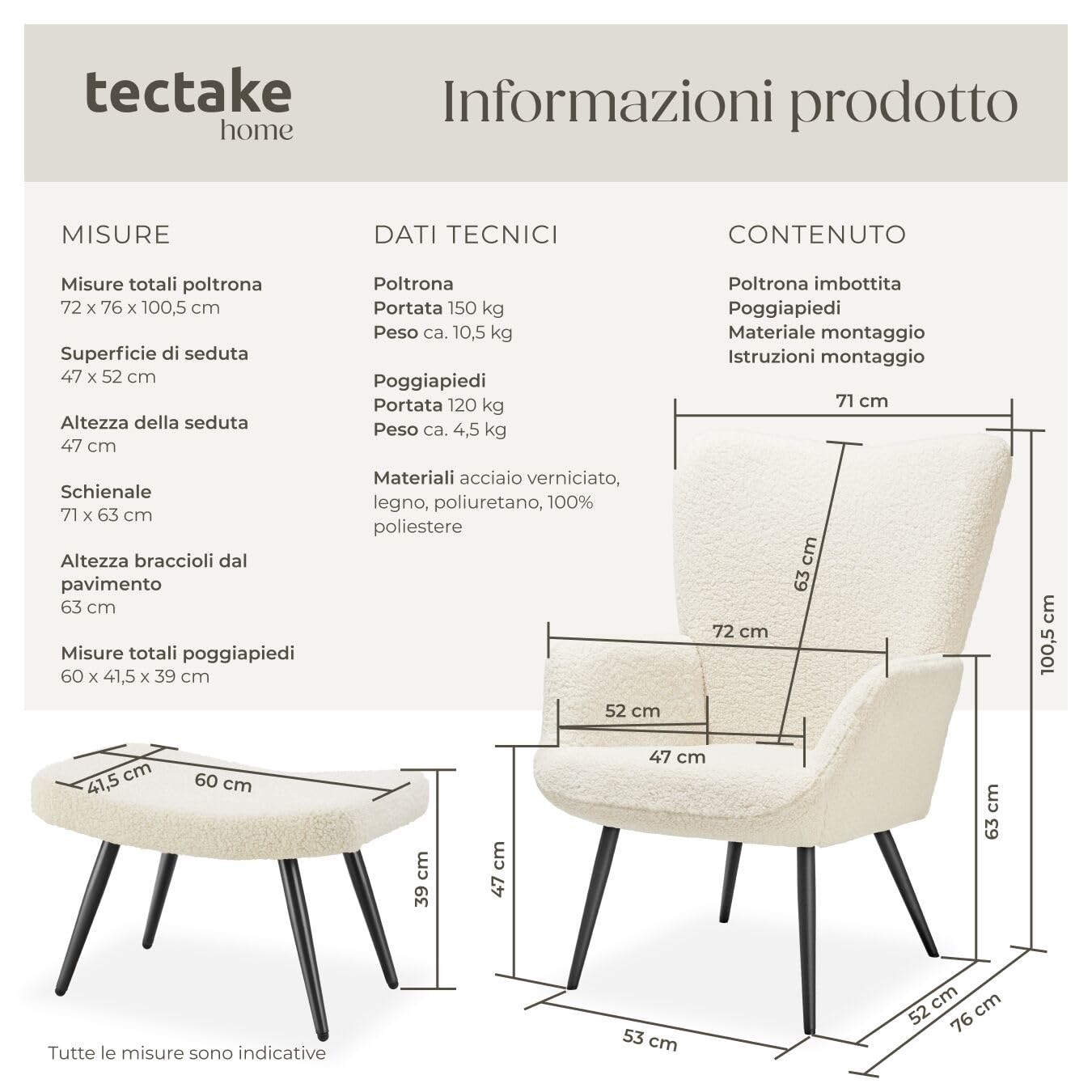 tectake® Poltrona Imbottita, Poltrona Ergonomica con Schienale e Braccioli, Poltrona Camera da Letto, Poltrona Salotto Moderna, Carico Massimo 150 kg - con Pouf, Bouclé, Crema/Nero